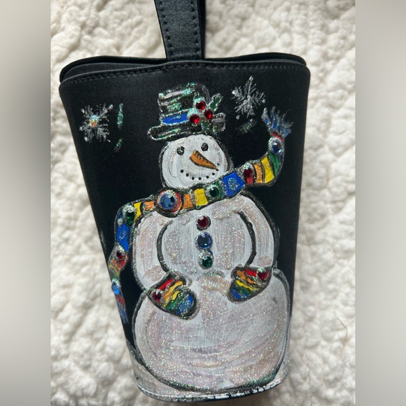 NEW Old Stock Artisan Signed Hand-painted Snowman Winter Bag Purse Black Satin - Picture 1 of 8
